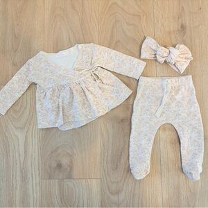Jamie Kay Baby Floral Wrap Top, Footed Pants & Bow Headband - Posie Pattern